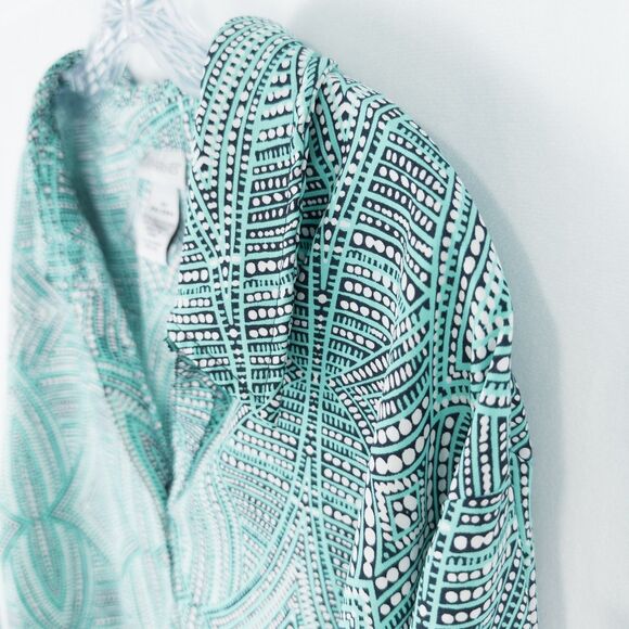 Catherines Button Front Top 3/4 Roll Tab Sleeve Womens 3X Aqua Green Geo Print - Picture 7 of 16